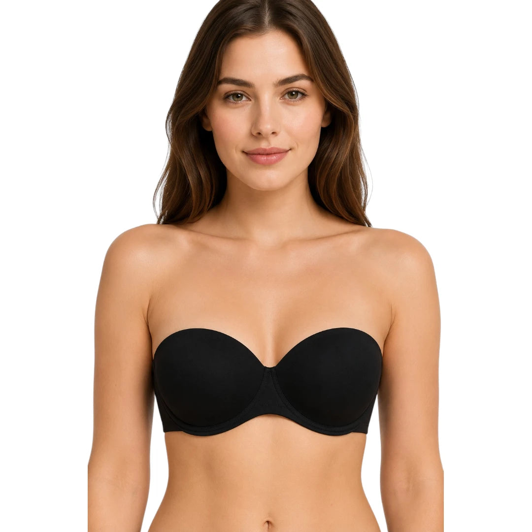Ponco Black Strapless Padded Bra with Underwire, Sizes 32B-38B